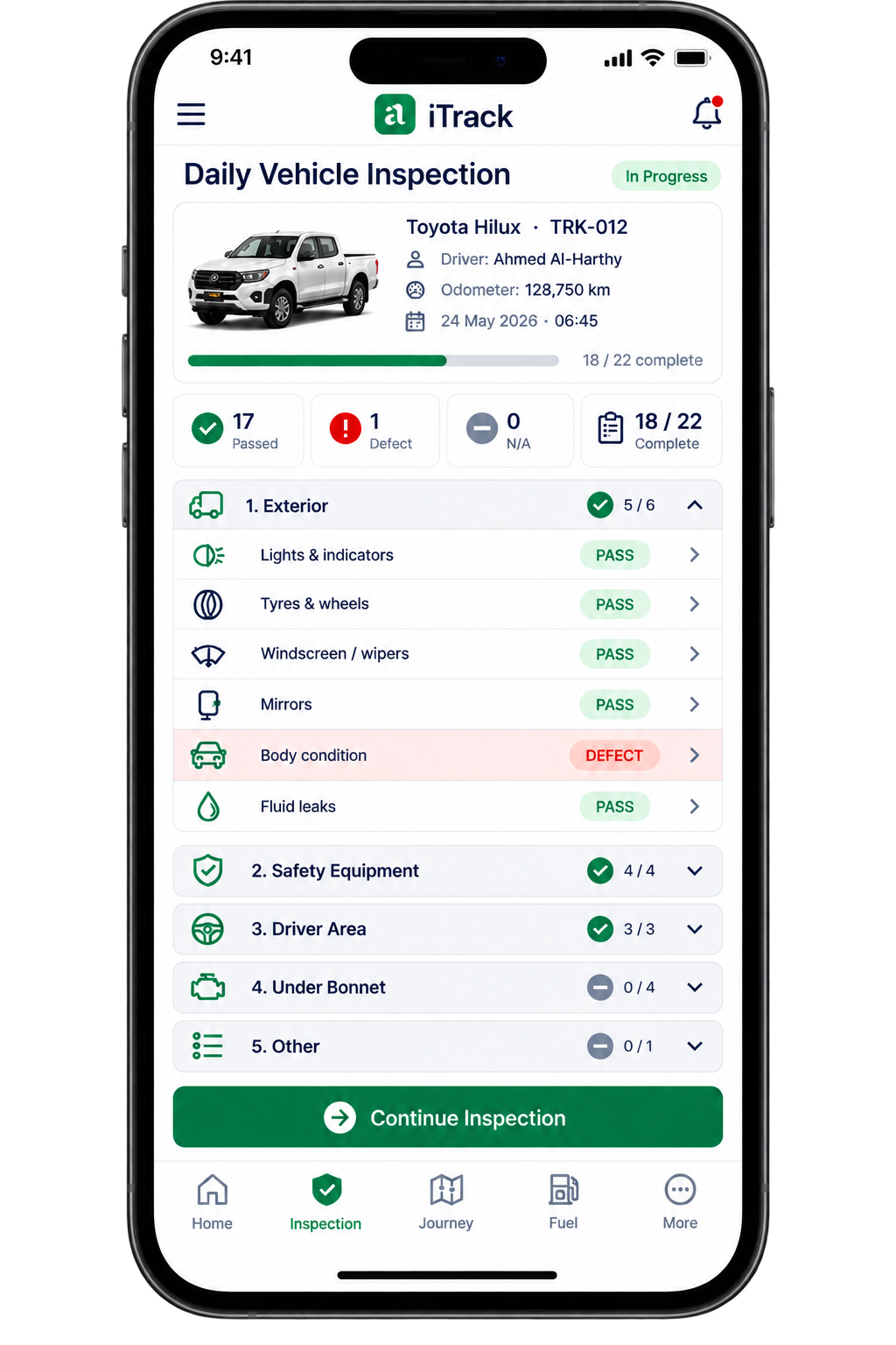 Driver guided vehicle walkaround inspection checklist