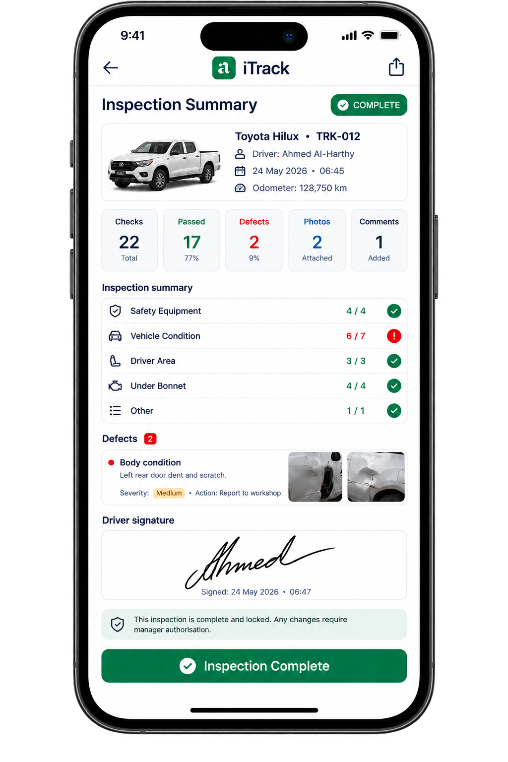 Driver app completed inspection with signature