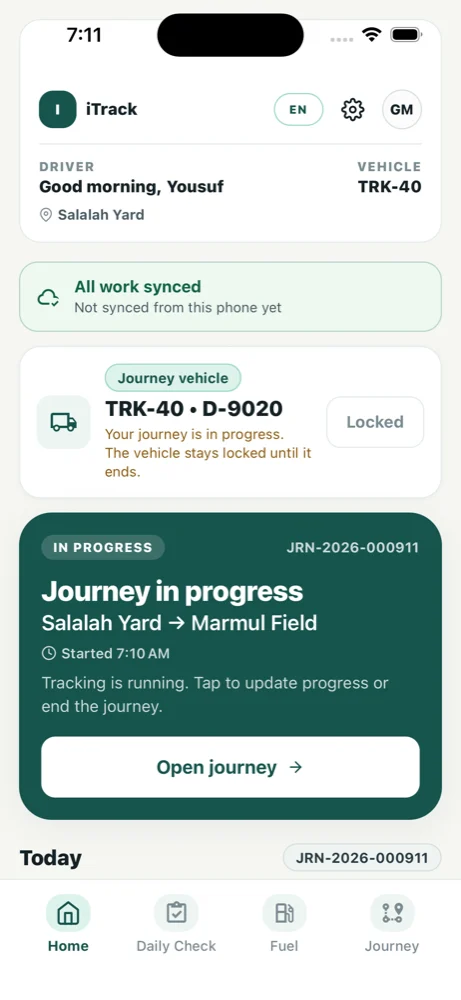 The iTrack driver app showing a journey in progress with tracking running