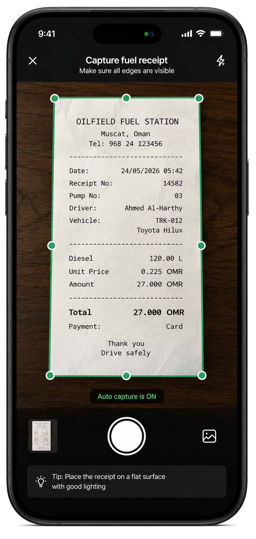 Driver app fuel capture screen showing receipt photo taken at the pump