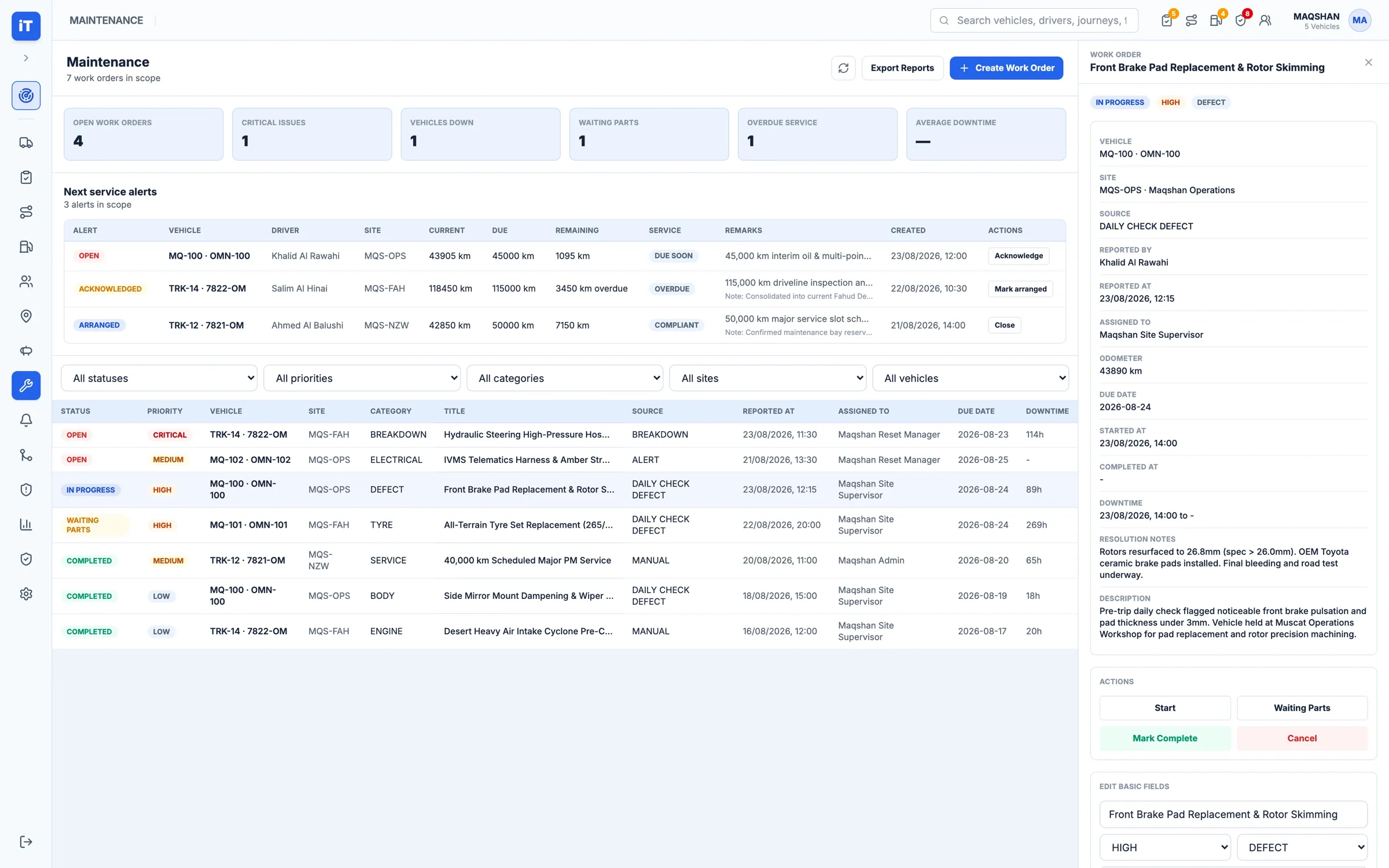 iTrack maintenance workspace showing defect work order in inspector
